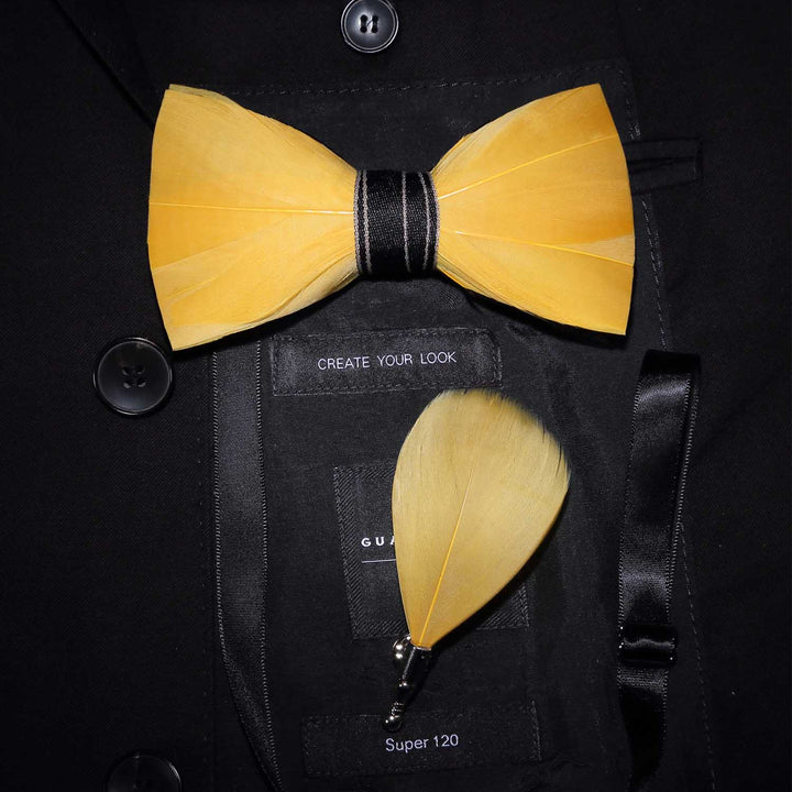 Bright Yellow Lively Feather Bow Tie with Lapel Pin