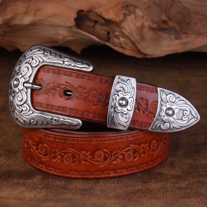 Unisex Rustic Texture Flower Printing Leather Belt