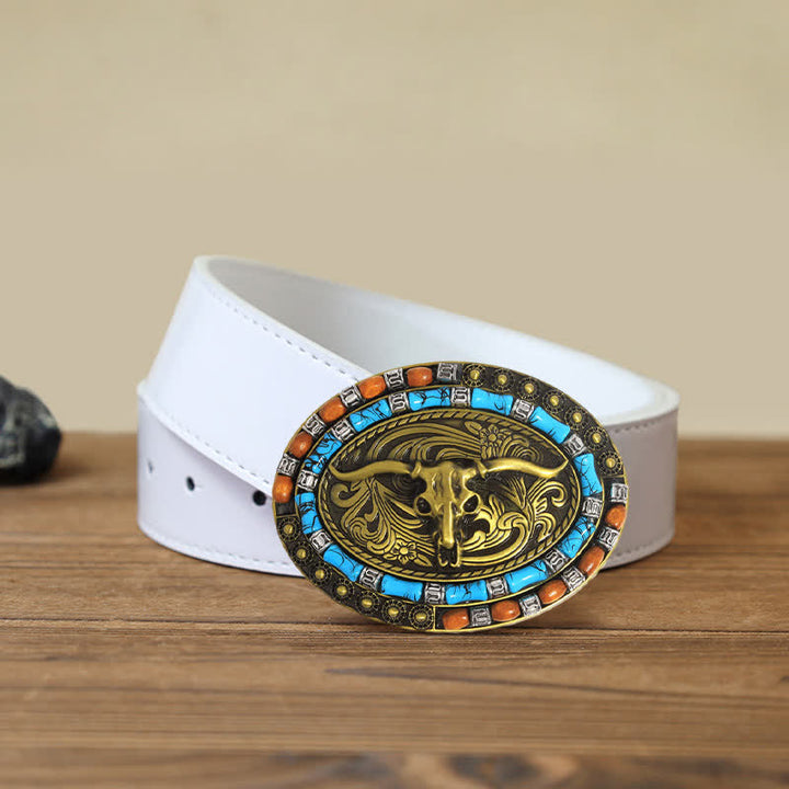 Men's DIY Turquoise Wood Bead Bull Buckle Leather Belt