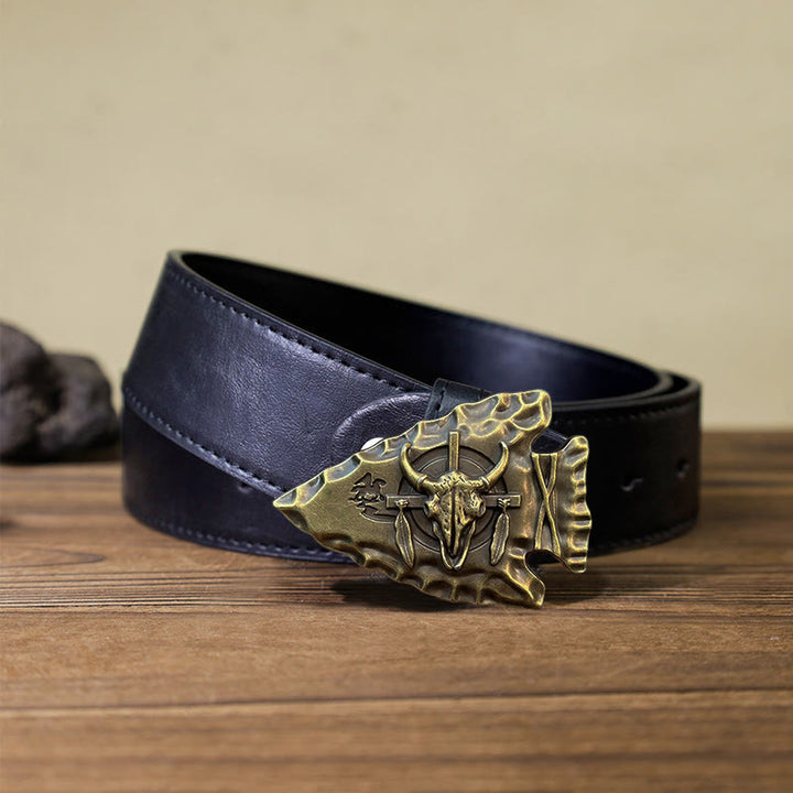 Men's DIY Arrowhead Shaped Bull Buckle Leather Belt