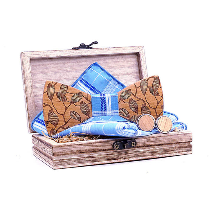 3Pcs Men's Leaf Patterned Wooden Bow Tie Set