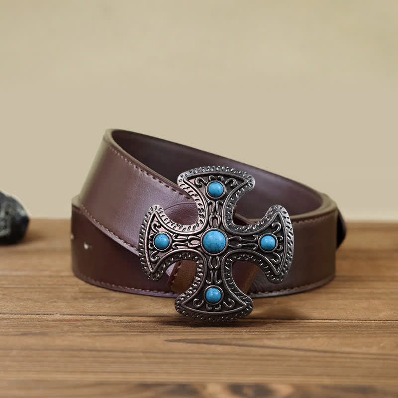 Men's DIY Retro Turquoise Stone Cross Buckle Leather Belt