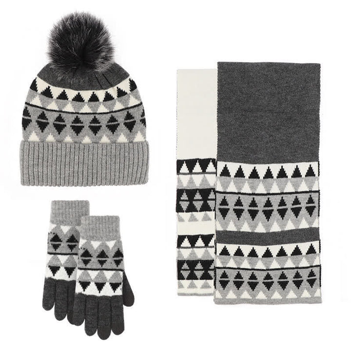 3Pcs Women's Triangle Pattern Hat Scarf Gloves Set