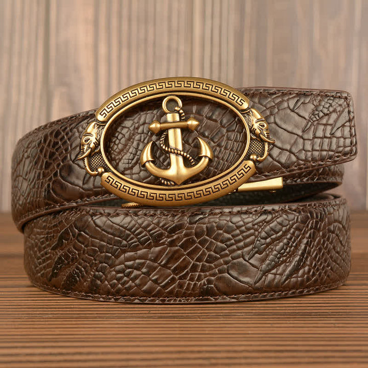 Men's Nautical Anchor Crocodile Embossed Leather Belt