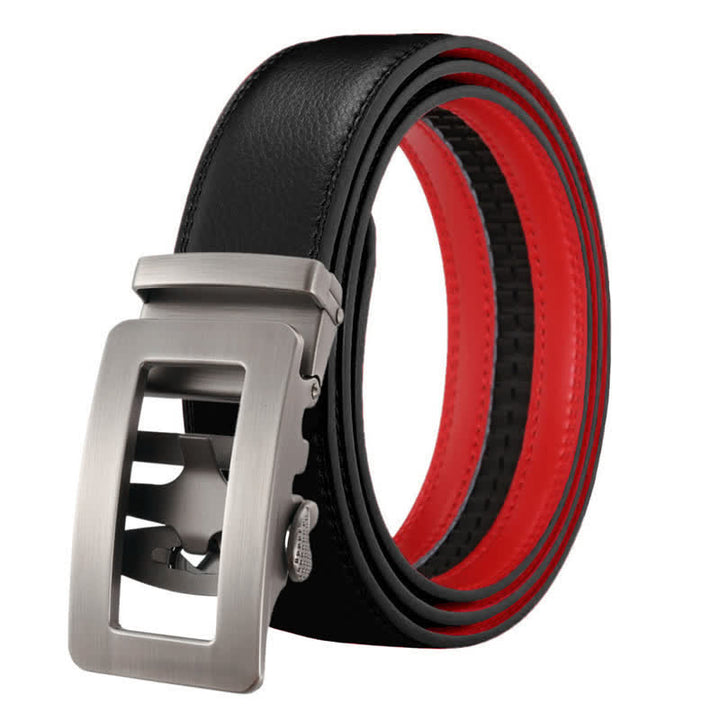 Men's Simple Hollow Automatic Buckle Leather Belt - Black Red - 46 - image 12