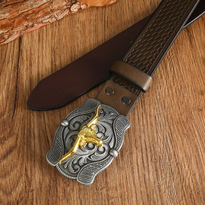 Men's Square Golden Longhorn Bull Leather Belt