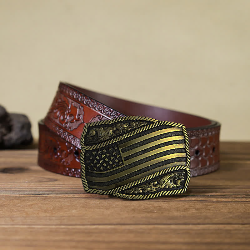 Men's DIY American Flag Antique Buckle Leather Belt