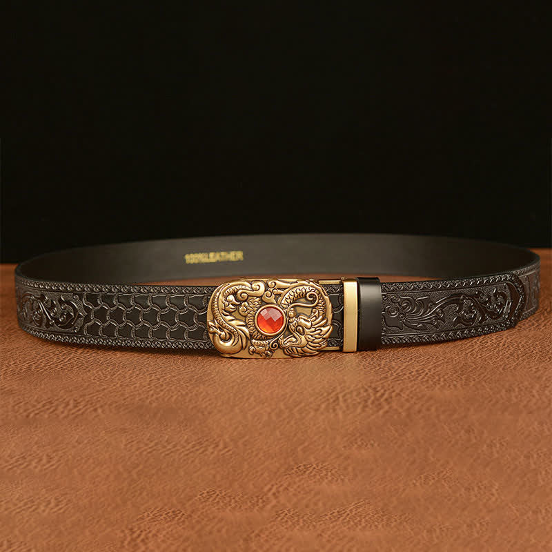 Men's Engraved Dragon Gemstone Leather Belt