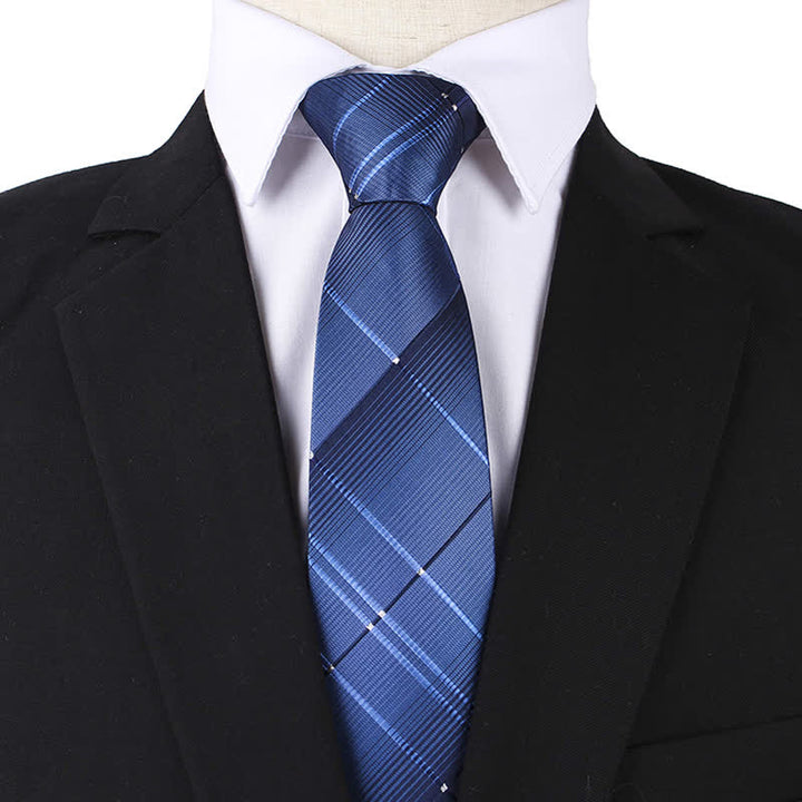 Men's Gradient Navy Blue Zipper Tie Plaid Necktie