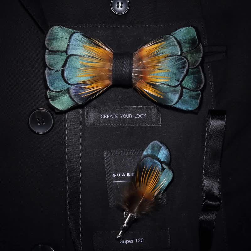Kid's Green & Orange Sunflower Feather Bow Tie with Lapel Pin - Adult - image 2