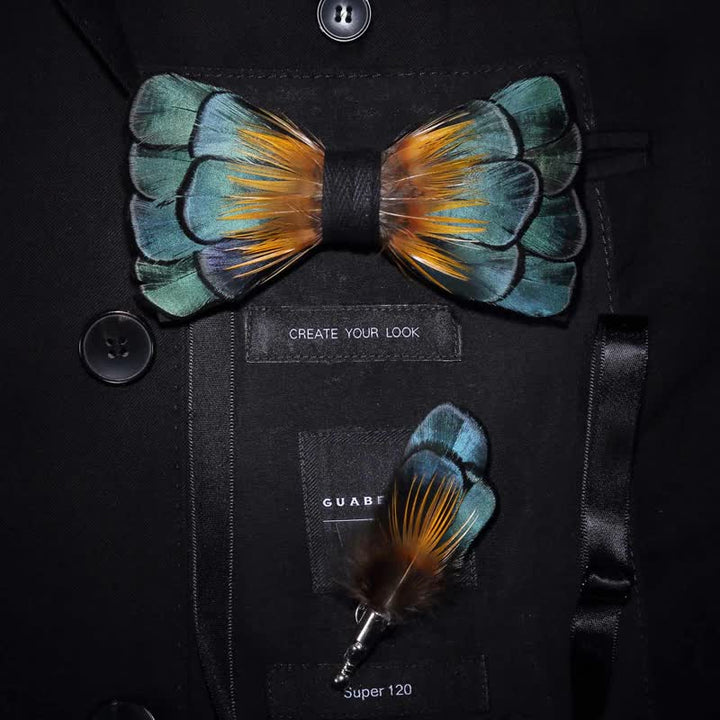 Kid's Green & Orange Sunflower Feather Bow Tie with Lapel Pin - Adult - image 2