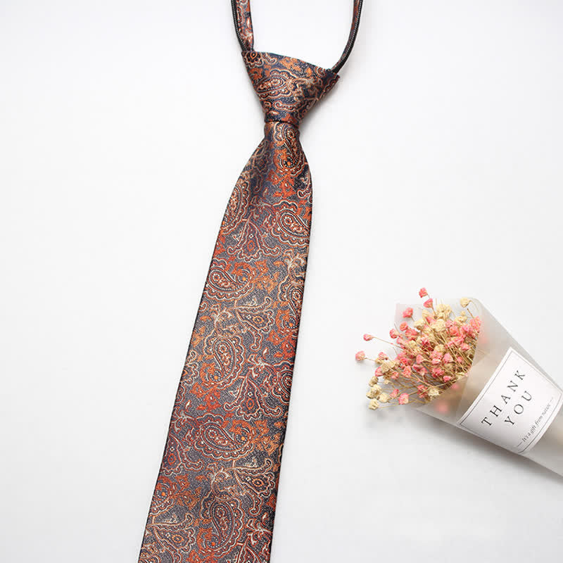 Men's Retro Paisley Flower Zipper Tie Necktie - Gold Paisley - image 4