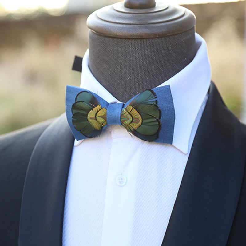 Dark Green & Blue Flax Peacock Feather Bow Tie