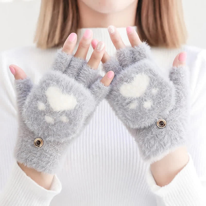 Women's Warm Cat Paw Print Mittens Fluffy Gloves