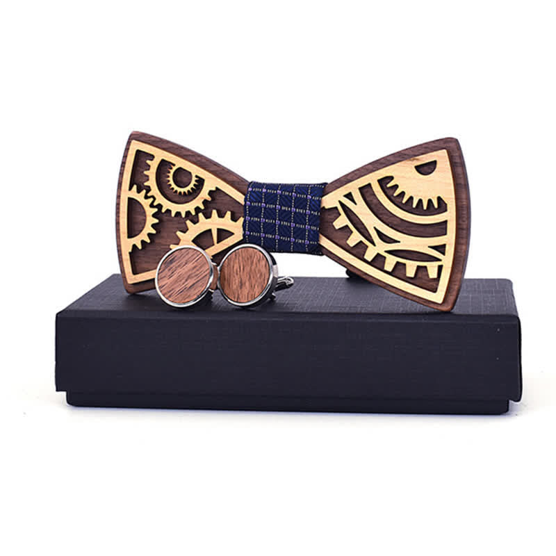 2Pcs Men's Gears Wooden Bow Tie Cufflinks Set