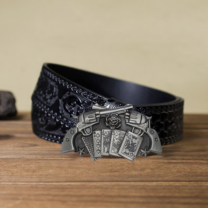 Men's DIY Double Pistol Poker Buckle Leather Belt