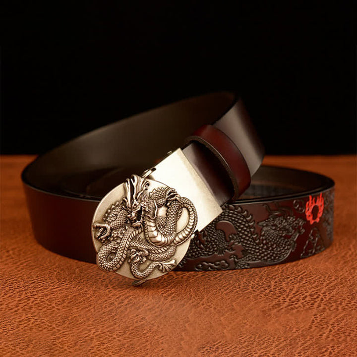 Men's Flame Dragon Round Automatic Buckle Leather Belt