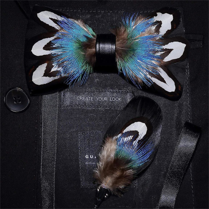 Blue & Black Noble Peacock Feather Bow Tie with Lapel Pin