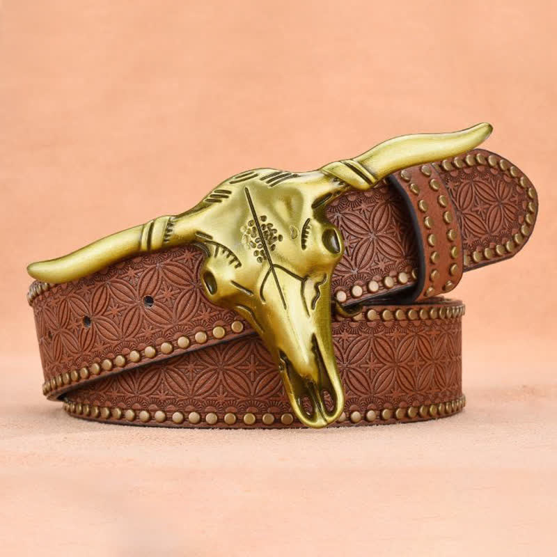 Men's Western Cattle Head Rivet Embossed Leather Belt