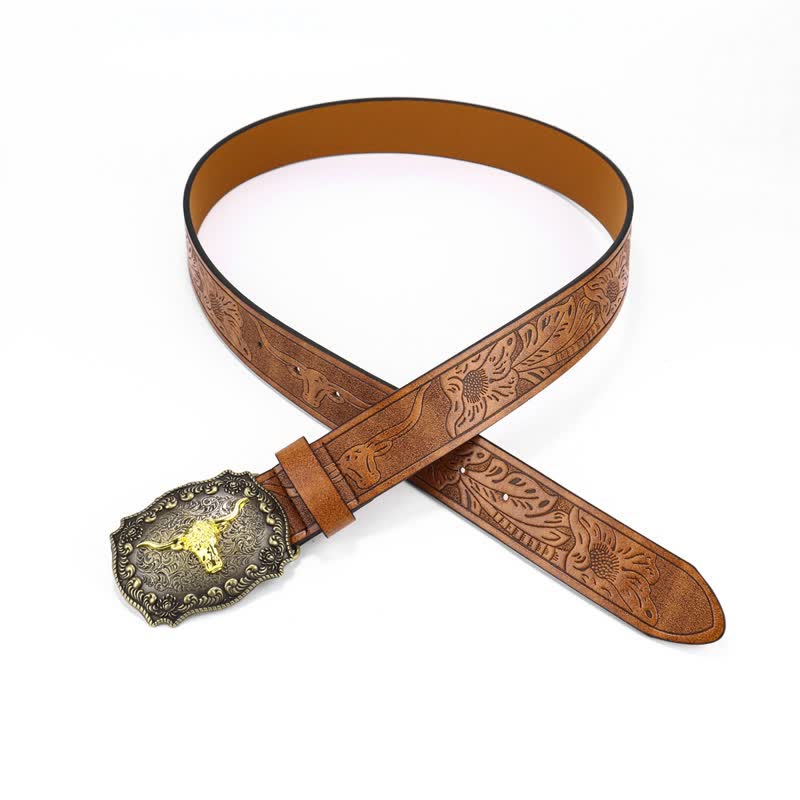 Men's Square Engraved Bull Flower Leather Belt