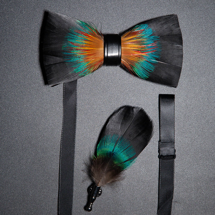 Black & Orange Noble Feather Bow Tie with Lapel Pin