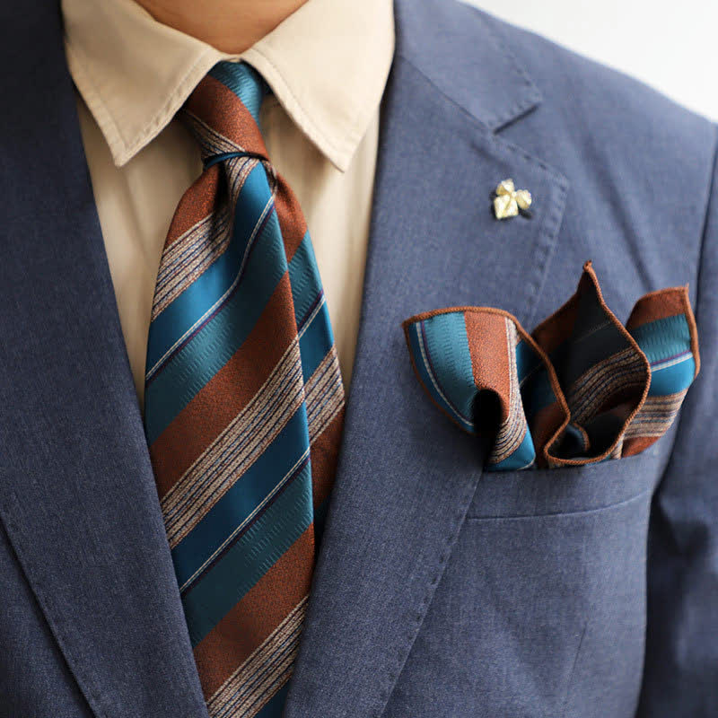 2Pcs Men's British Color Contrast Striped Necktie Set - Teal & Coffee - image 0