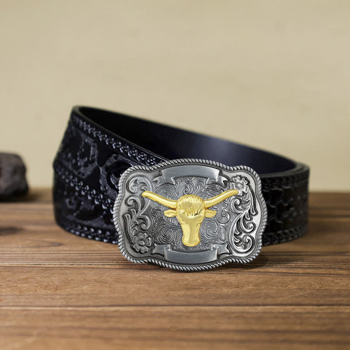 Men's DIY Gold Carving Animal Buckle Leather Belt - Bull - Black Carved Belt (40) - image 42