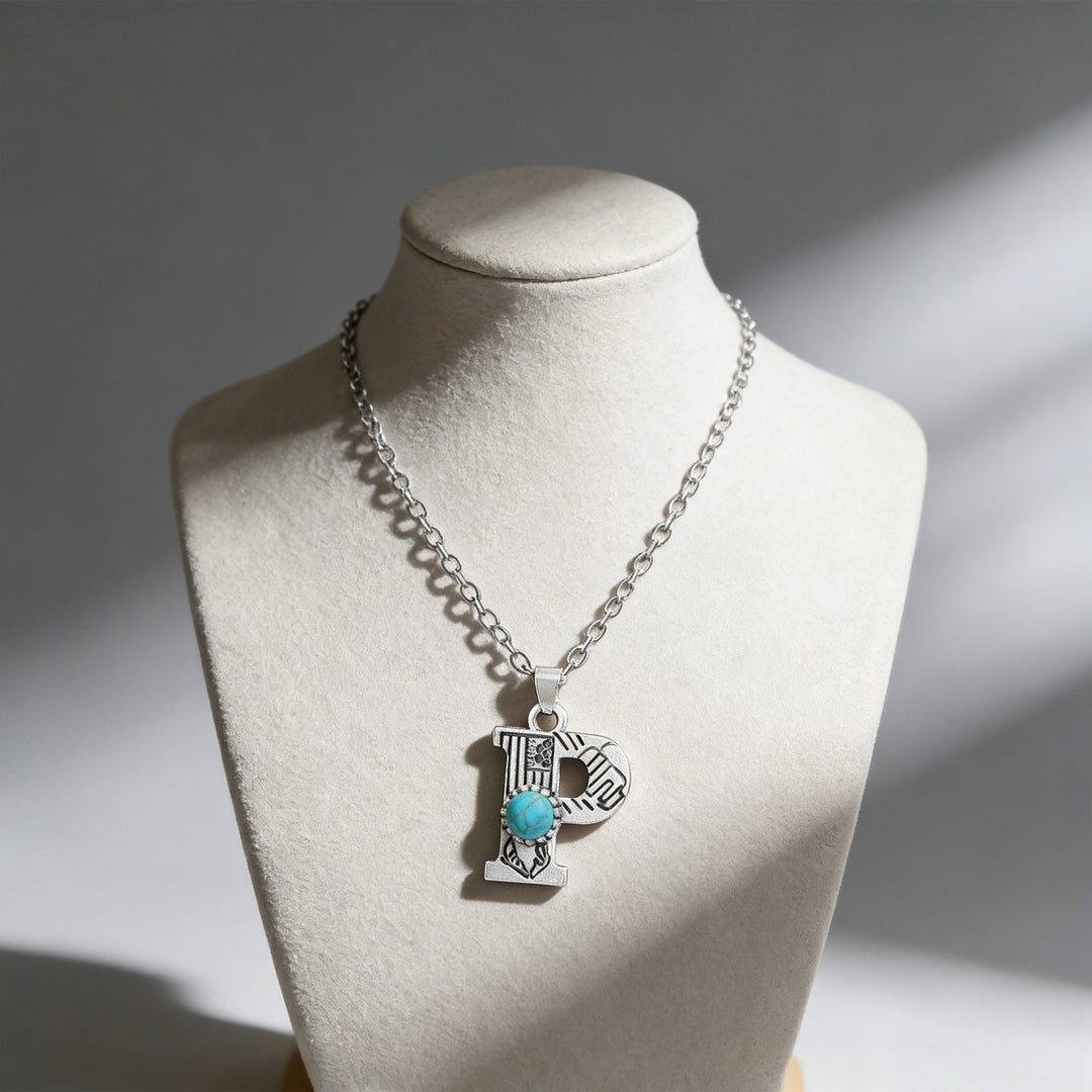 Vintage Initial Letter Turquoise Charm Necklace - P - image 18