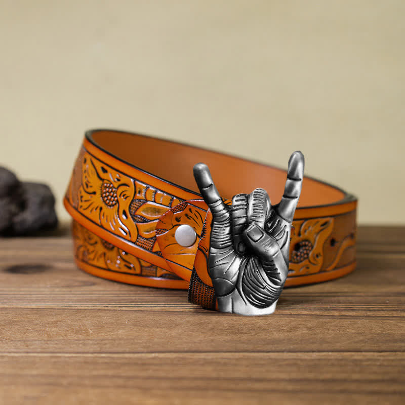 Men's DIY Cool Rock Love Gesture Buckle Leather Belt