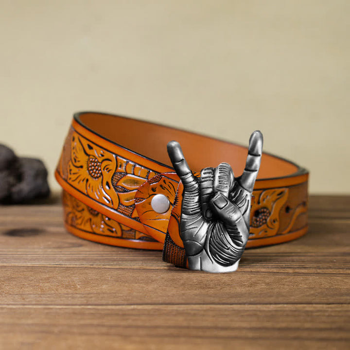 Men's DIY Cool Rock Love Gesture Buckle Leather Belt