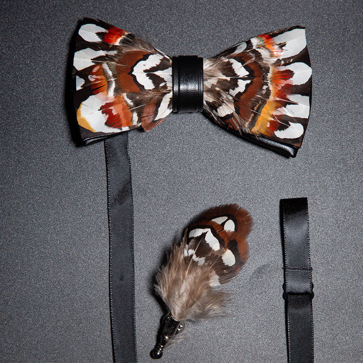 Brown & White Pheasant Feather Bow Tie with Lapel Pin