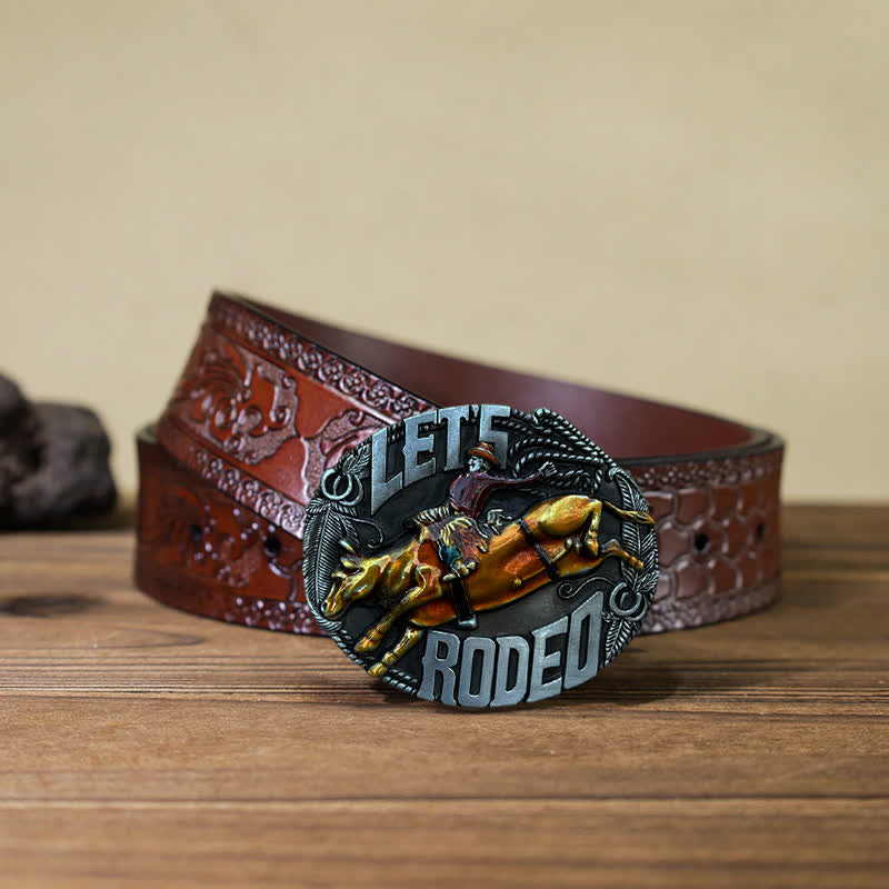 Men's DIY Let's Rodeo Enamel Bull Buckle Leather Belt