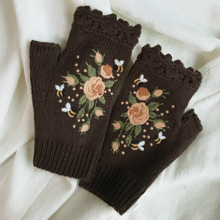 Women's Flower Embroidered Half Finger Knit Gloves