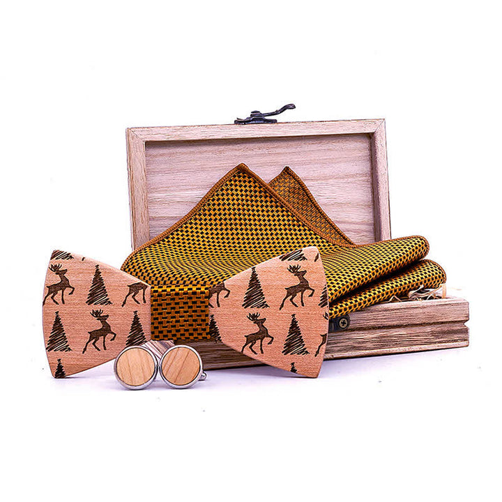 3Pcs Men's Christmas Tree Deer Pattern Wooden Bow Tie Set