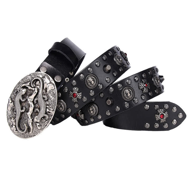 Men's Studded Ruby Lion Ornament Leather Belt