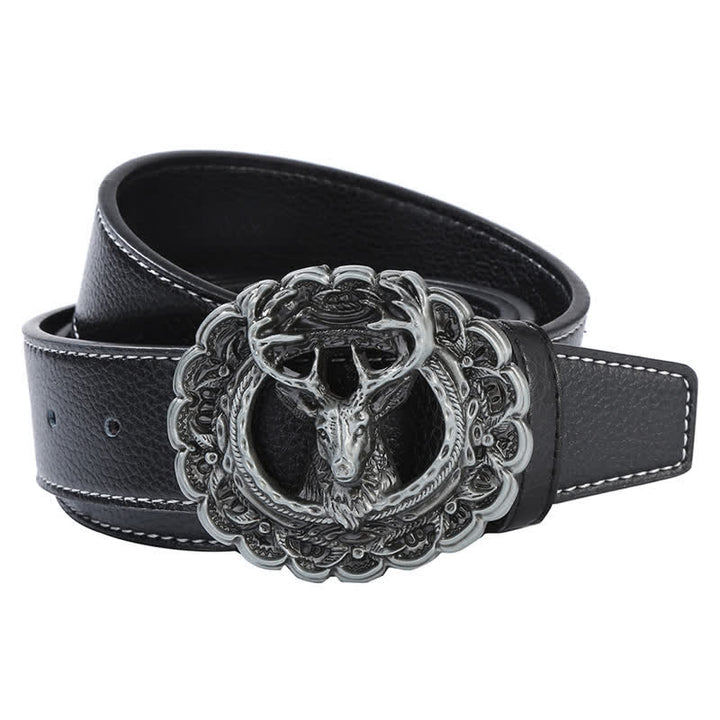 Men's DIY Hollow 3D Elk Antler Buckle Leather Belt