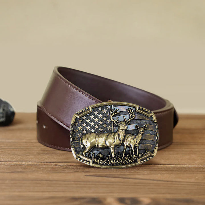 Men's DIY Deer Hunter American Flag Buckle Leather Belt