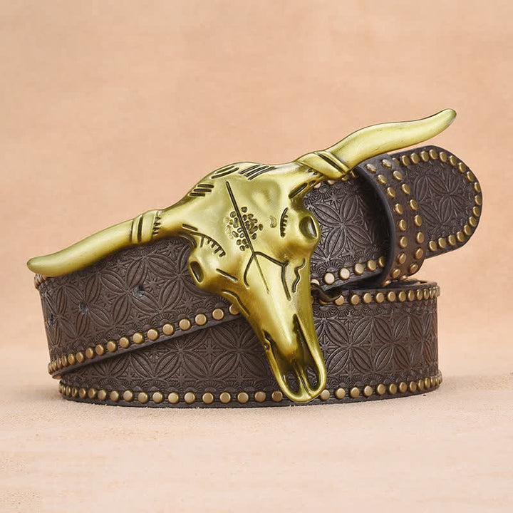 Men's Western Cattle Head Rivet Embossed Leather Belt