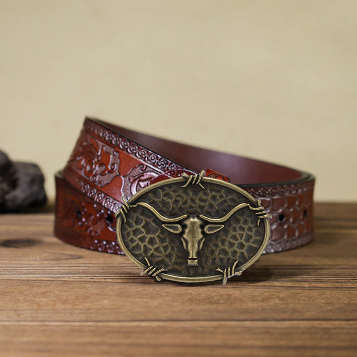 Men's DIY Cowboy Bull Head Hammered Buckle Leather Belt