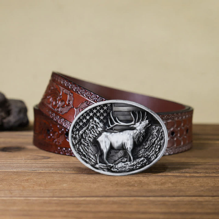 Men's DIY Elk Deer American Flag Buckle Leather Belt