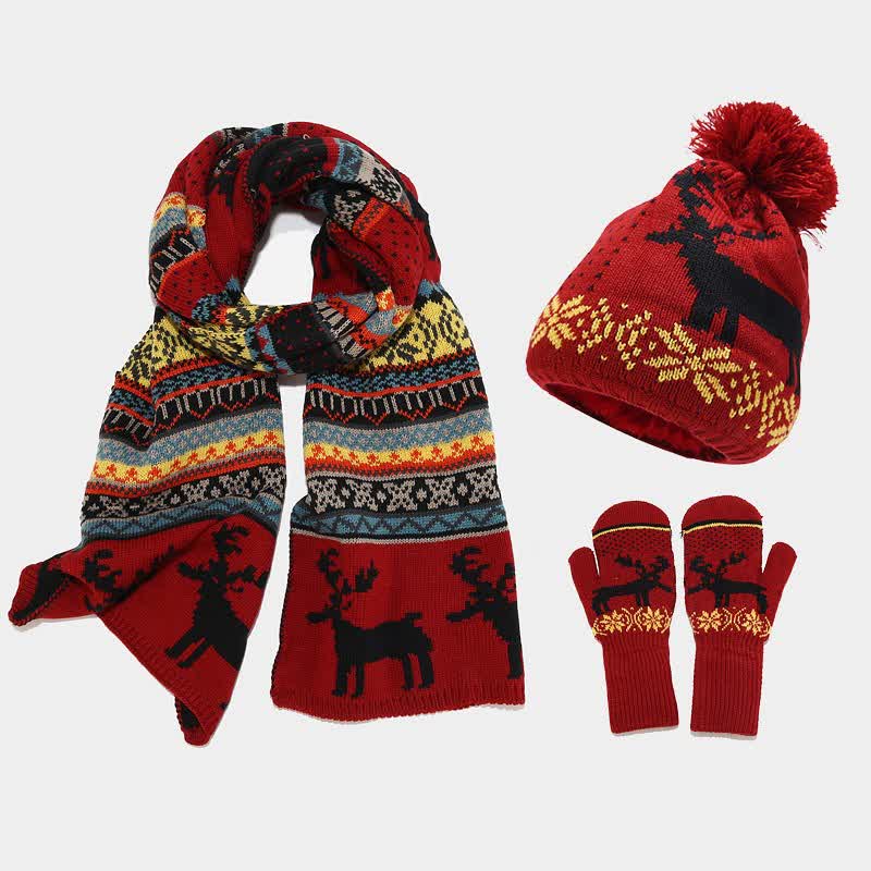 3Pcs Women's Christmas Elk Jacquard Hat Scarf Gloves Set