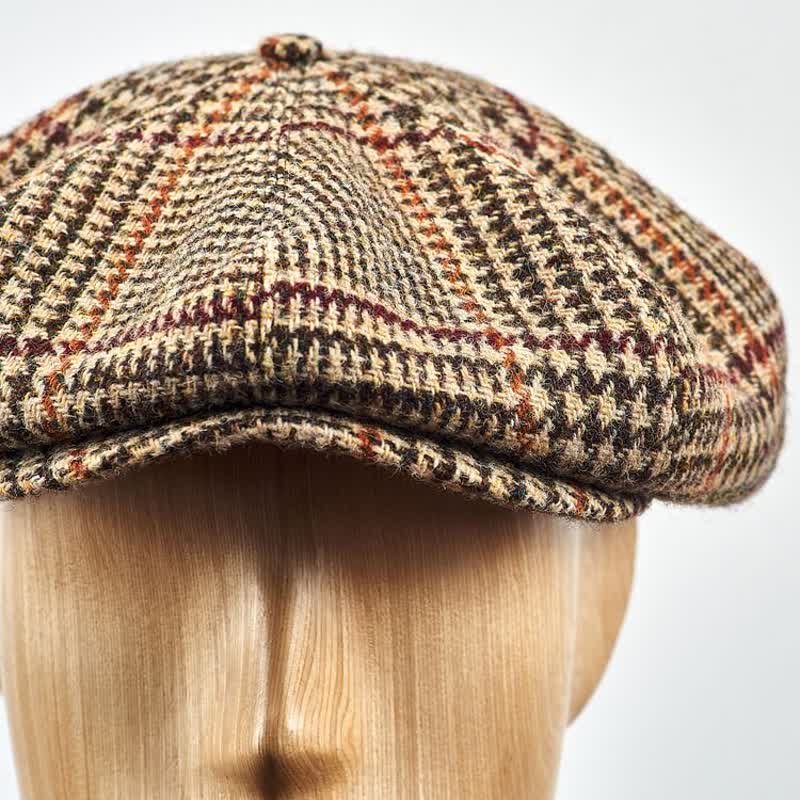 Beige Scottish Plaid Tweed Newsboy Beret Cap