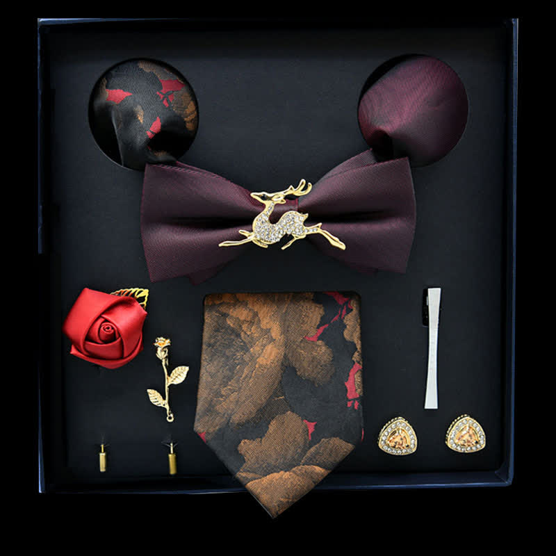 8Pcs Burgundy&Gold Floral Casual Necktie Bow Ties Gift Box - Burgundy&Gold - image 0