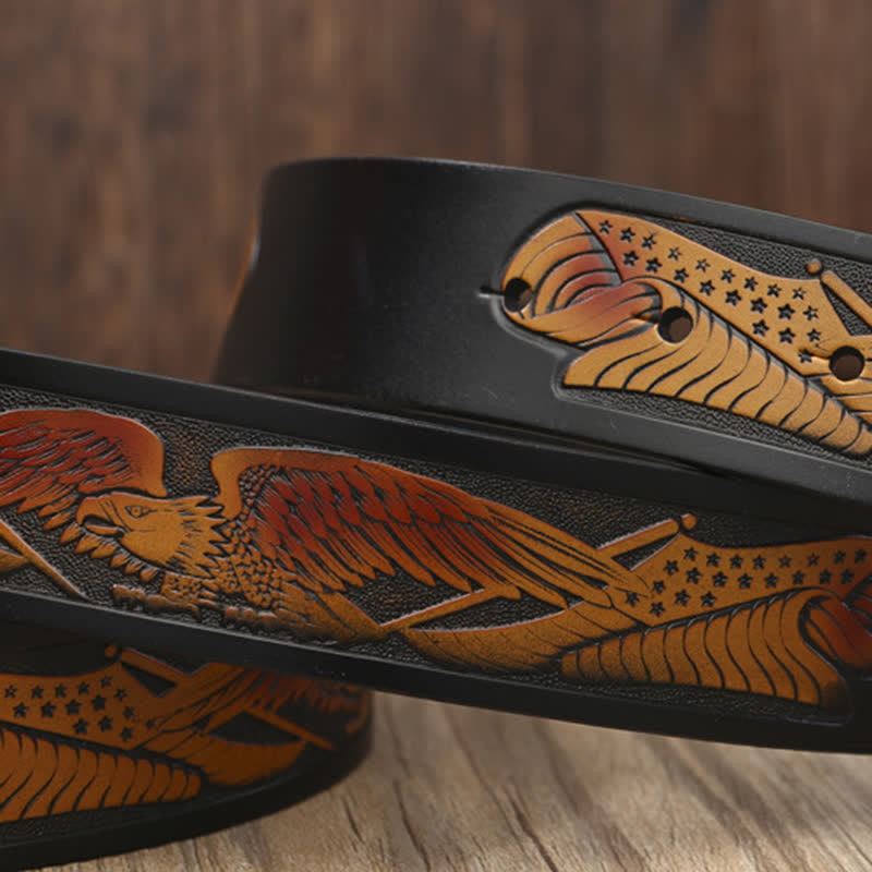 Men's Novelty Flying Eagle Buckle Carved Pattern Leather Belt - image 4