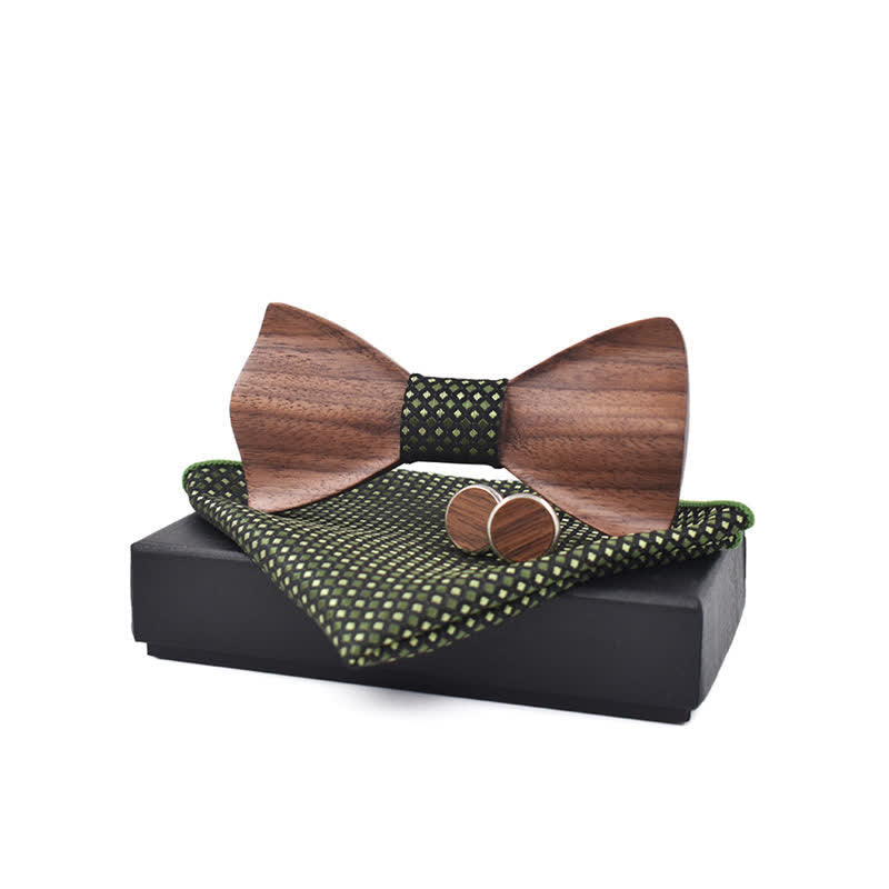 3Pcs Men's Black Walnut Wooden Bow Tie Set