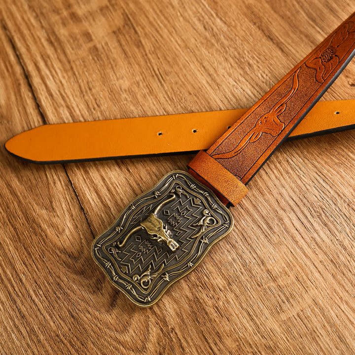 Men's Western Totem Bull Head Leather Belt