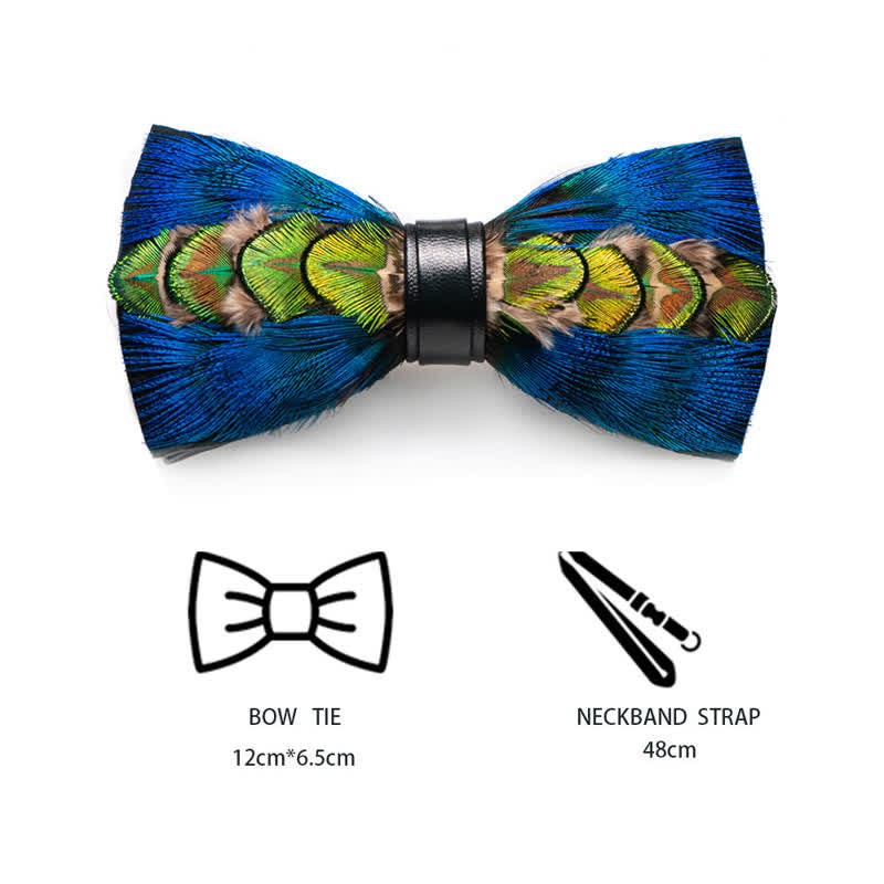 Kid's Blue & Green-yellow Feather Bow Tie with Lapel Pin