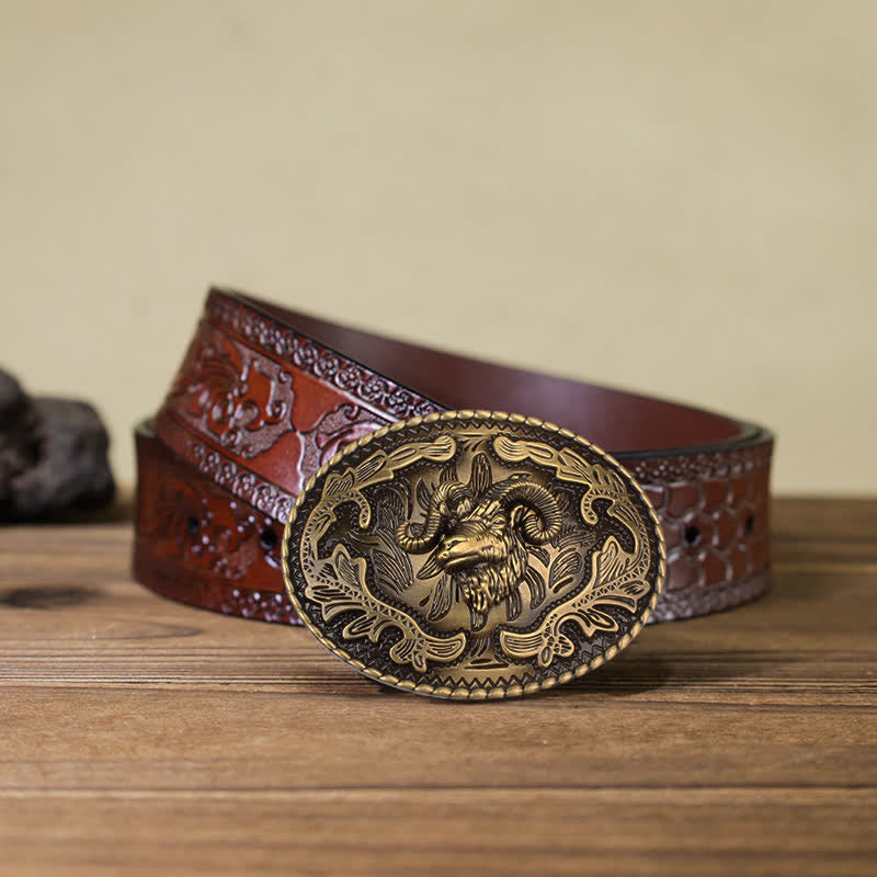 Men's DIY Bronze Wild Goat Head Buckle Leather Belt