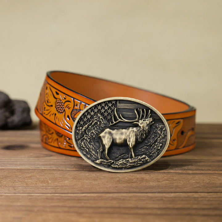 Men's DIY Elk Deer American Flag Buckle Leather Belt