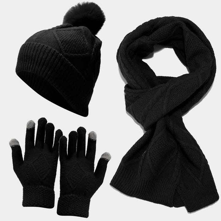 3Pcs Women's Diamond Poms Beanie Hat Scarf Gloves Set